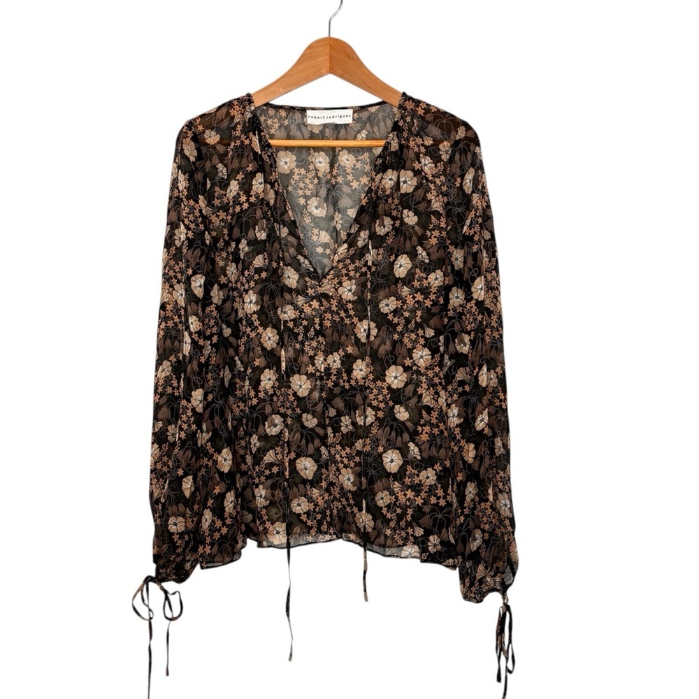 Robert Rodriguez Silk Chiffon Popover Blouse Dark Floral Sheer Size Large Boho